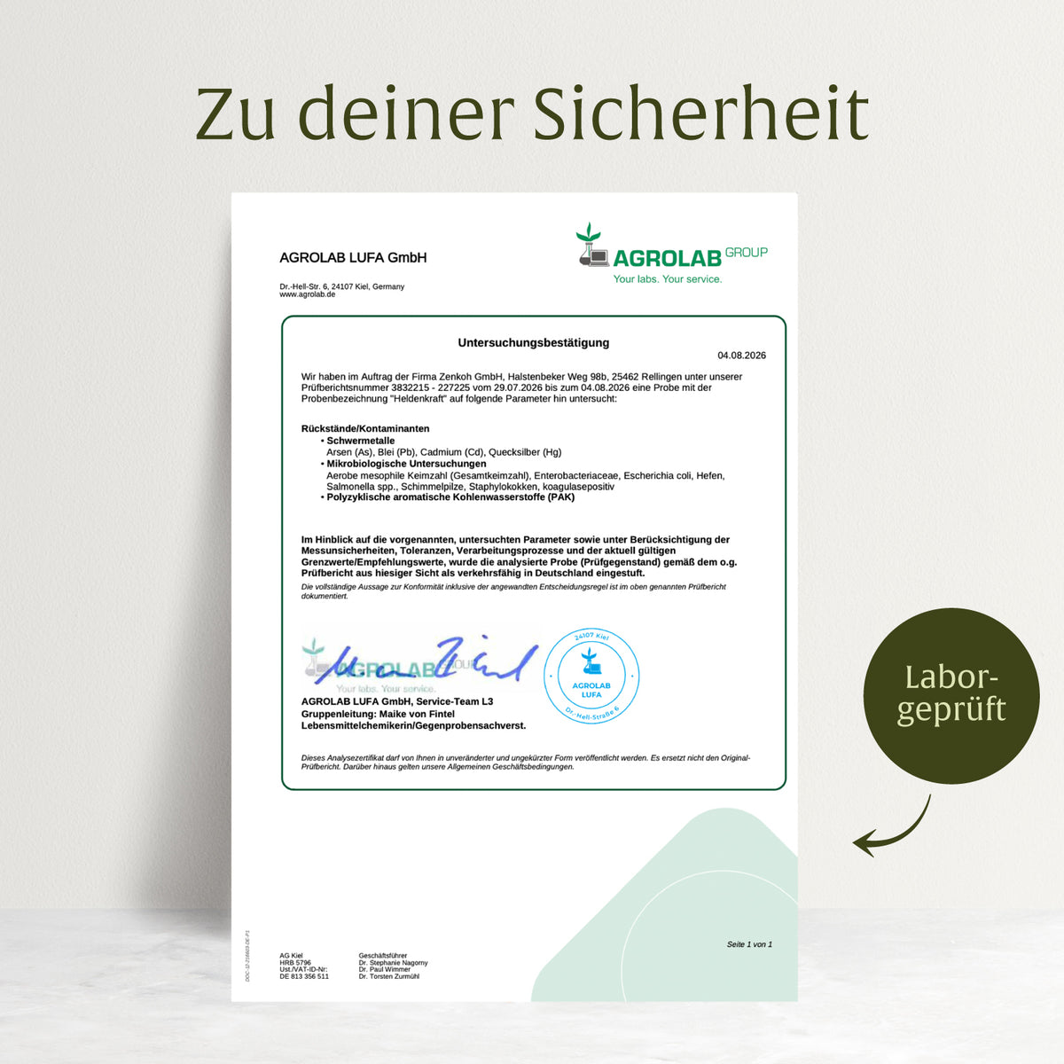 Heldenkraft Laborzertifikat