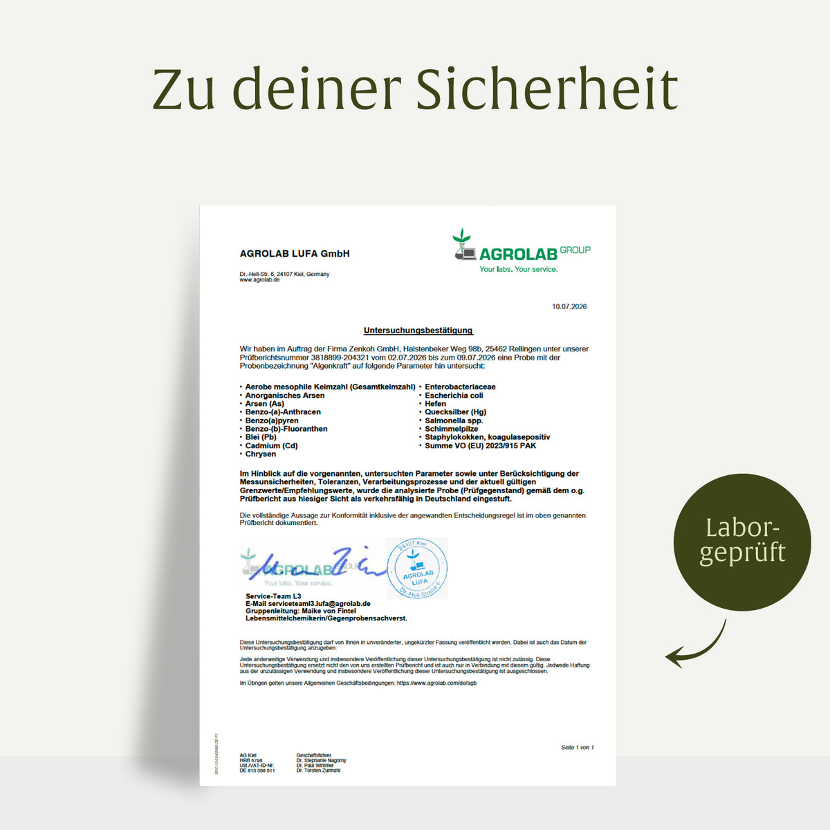 Laborzertifikat für NATURTREU Algenkraft – Qualitätsprüfung und Reinheit bestätigt  