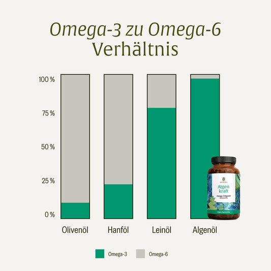 Im Vergleich zu Olivenöl, Hanföl und Leinöl punktet Omega 3 Algenöl Kapseln Algenkraft von NATURTREU mit geringem Omega 6 Anteil