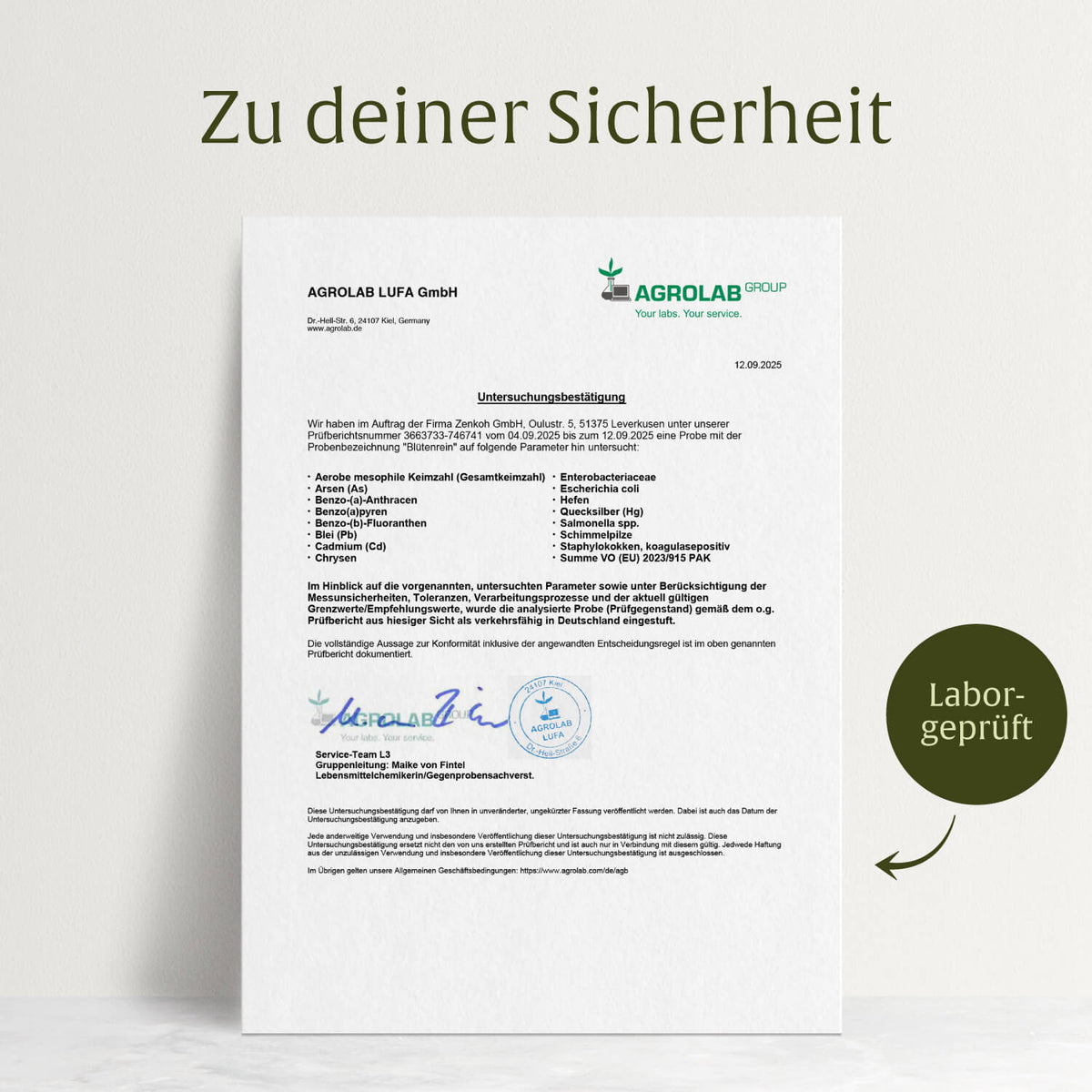 Laborzertifikat für NATURTREU Blütenrein – Qualitätsprüfung und Reinheit bestätigt  