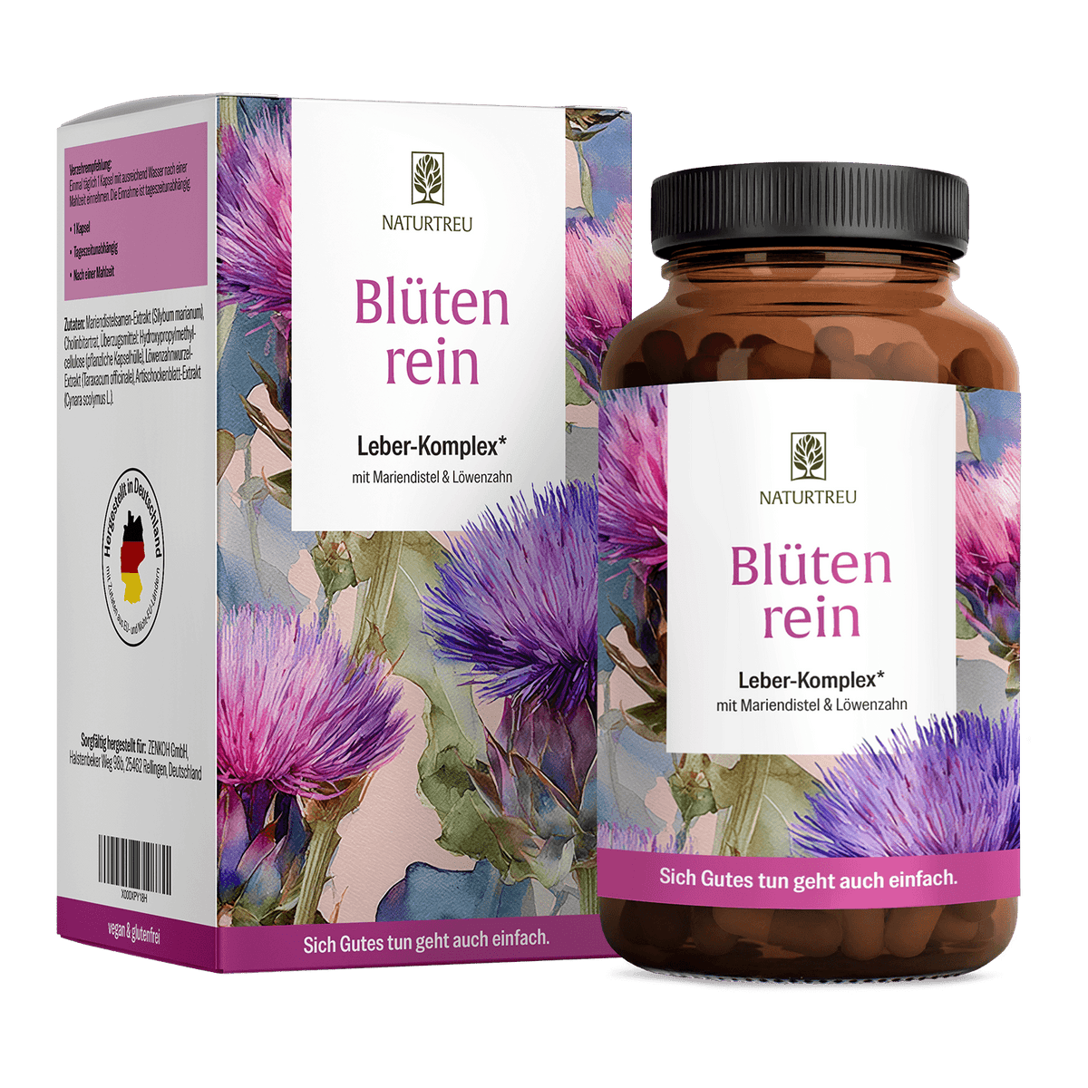 Blütenrein von NATURTREU – mit Mariendistel, Löwenzahn, Artischocke & Cholin – 120 Leber Komplex Kapseln für 4 Monate 