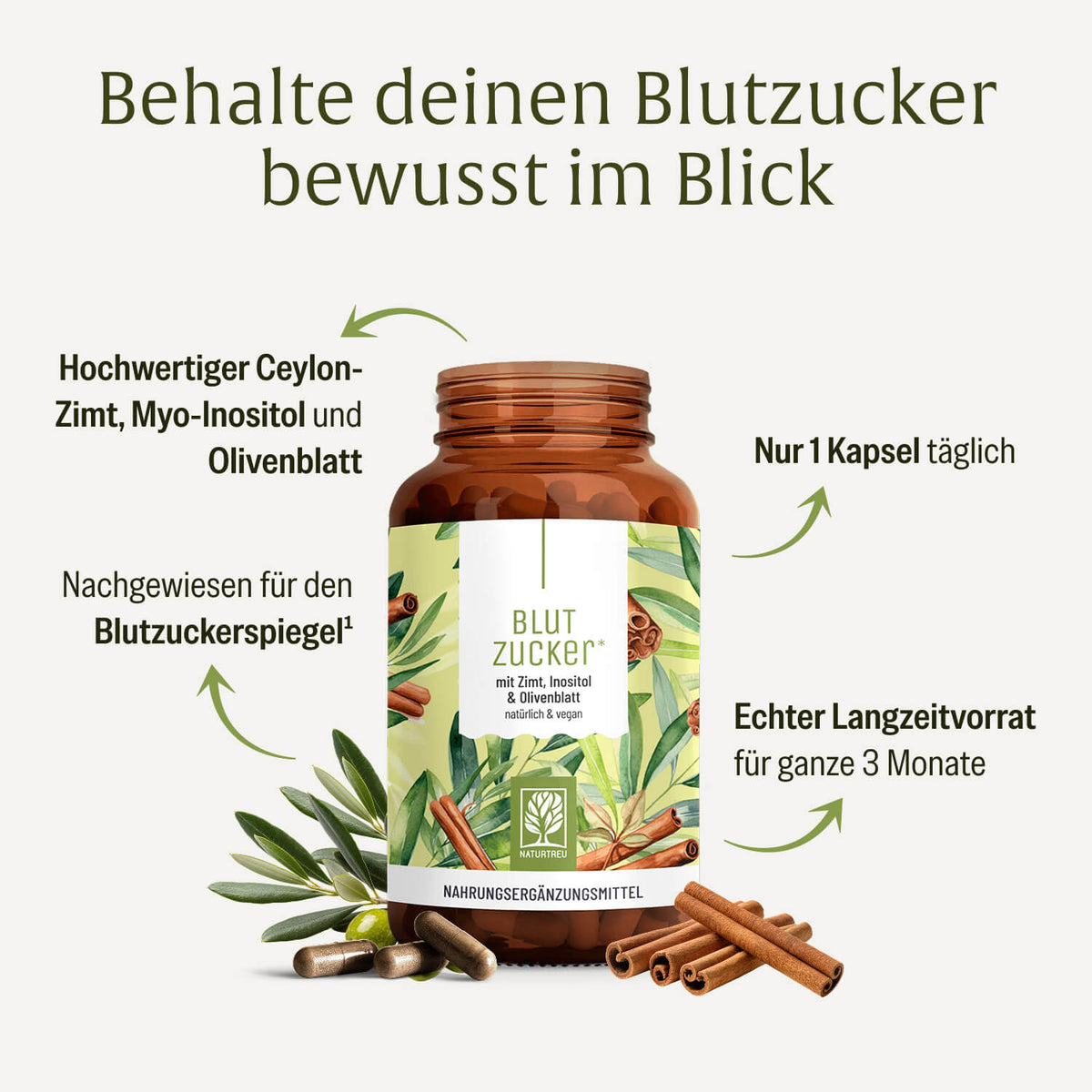 Blutzucker mit Zimt, Inositol & Olivenblatt Hochwertige Inhaltsstoffe