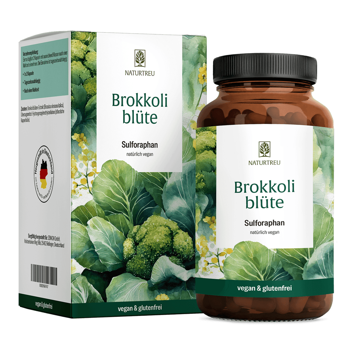 Brokkoliblüte Sulforaphan von Naturtreu – brauner Glastiegel und Faltschachtel mit botanischem Brokkolimotiv, Hinweis "vegan und glutenfrei", hergestellt in Deutschland.