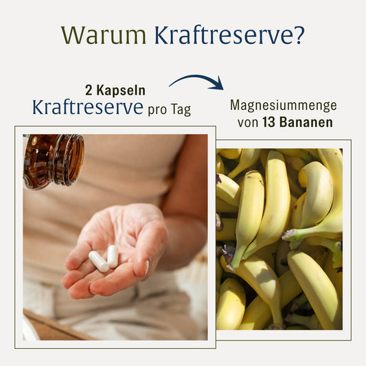 2 Kapseln NATURTREU Kraftreserve enthalten ähnlich viel Magnesium wie 13 Bananen