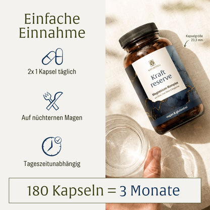Anwendung: Einfach über den Tag verteilt 2 Kraftreserve Magnesium Kapseln von NATURTREU einnehmen 