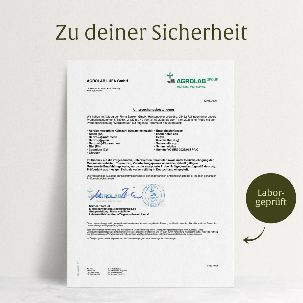 Laborzertifikat für NATURTREU Morgenritual – Qualitätsprüfung und Reinheit bestätigt.