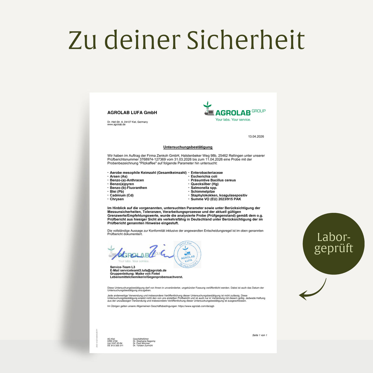 Pilzkaffee Kaffeegetraenkepulver Laborzertifikat