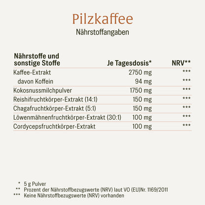 Pilzkaffee Kaffeegetraenkepulver Naehrstoffangaben