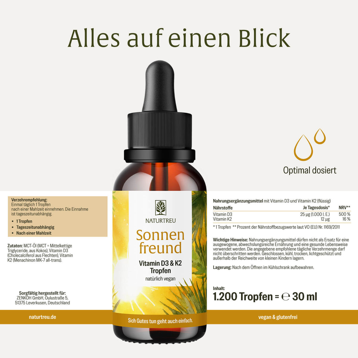Etikett Sonnenfreund Vitamin D3 K2 Tropfen von NATURTREU: Nährwertangaben, Inhaltsstoffe + Verzehrempfehlung.