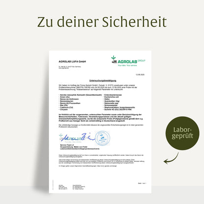 Laborzertifikat für NATURTREU Wasserbalance – Qualitätsprüfung und Reinheit bestätigt.